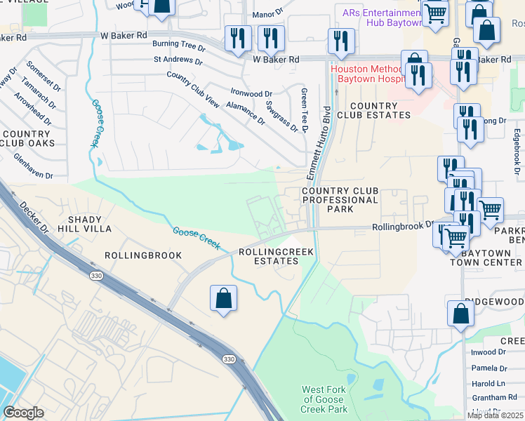 map of restaurants, bars, coffee shops, grocery stores, and more near 2700 Rollingbrook Drive in Baytown