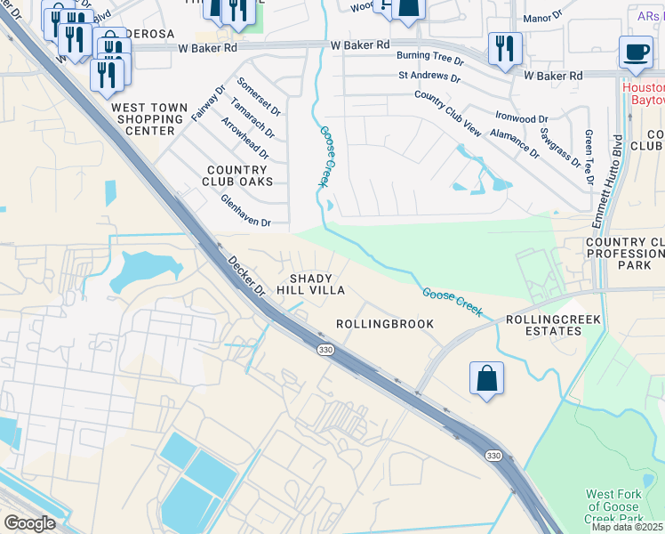 map of restaurants, bars, coffee shops, grocery stores, and more near 4800 Forest Court in Baytown