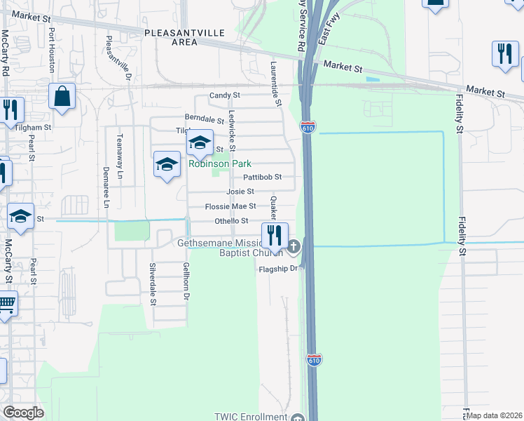 map of restaurants, bars, coffee shops, grocery stores, and more near 8738 Flossie Mae Street in Houston