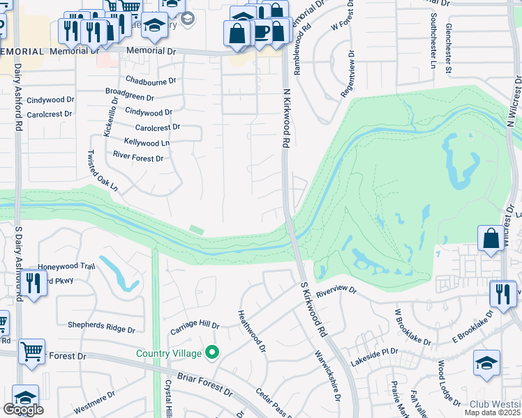 map of restaurants, bars, coffee shops, grocery stores, and more near 14127 Heatherfield Drive in Houston