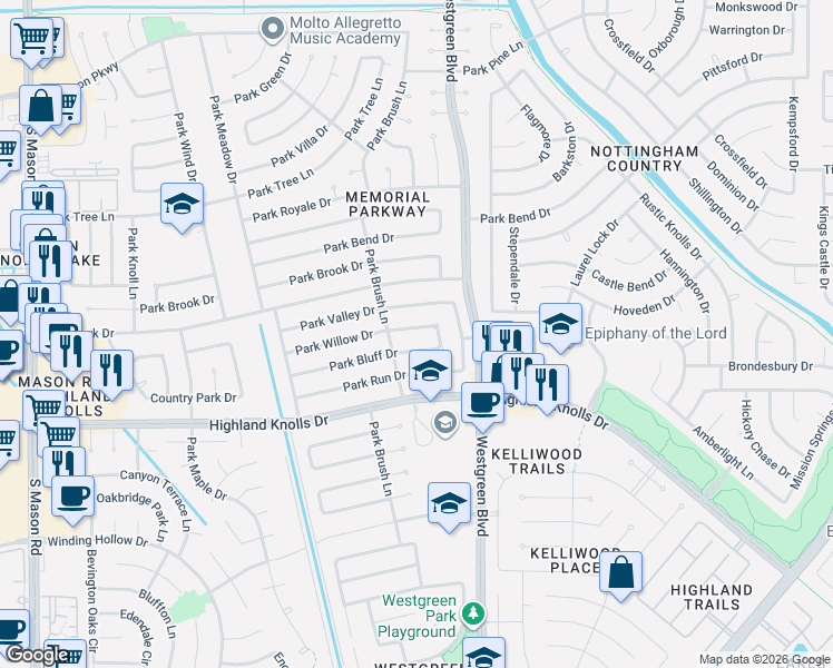 map of restaurants, bars, coffee shops, grocery stores, and more near 21235 Park Willow Drive in Katy