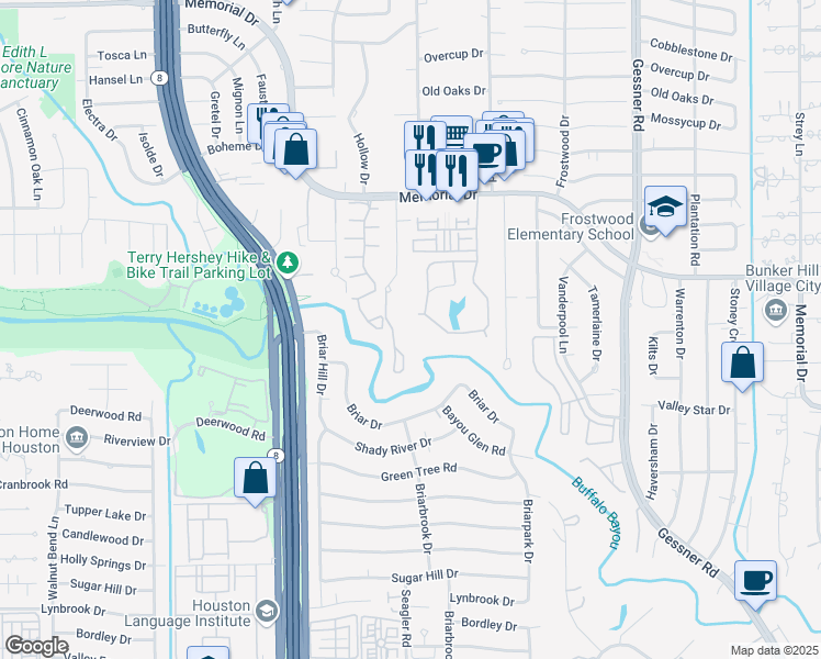 map of restaurants, bars, coffee shops, grocery stores, and more near 53 Legend Lane in Houston