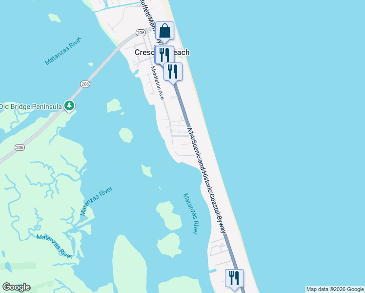 map of restaurants, bars, coffee shops, grocery stores, and more near 135 Gassett Road in St. Augustine