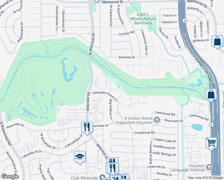 map of restaurants, bars, coffee shops, grocery stores, and more near 115 Big Hollow Lane in Houston
