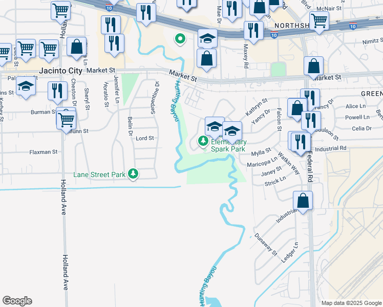map of restaurants, bars, coffee shops, grocery stores, and more near 1462 Maryknoll Drive in Houston