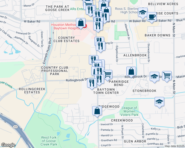 map of restaurants, bars, coffee shops, grocery stores, and more near 1300 Rollingbrook Drive in Baytown