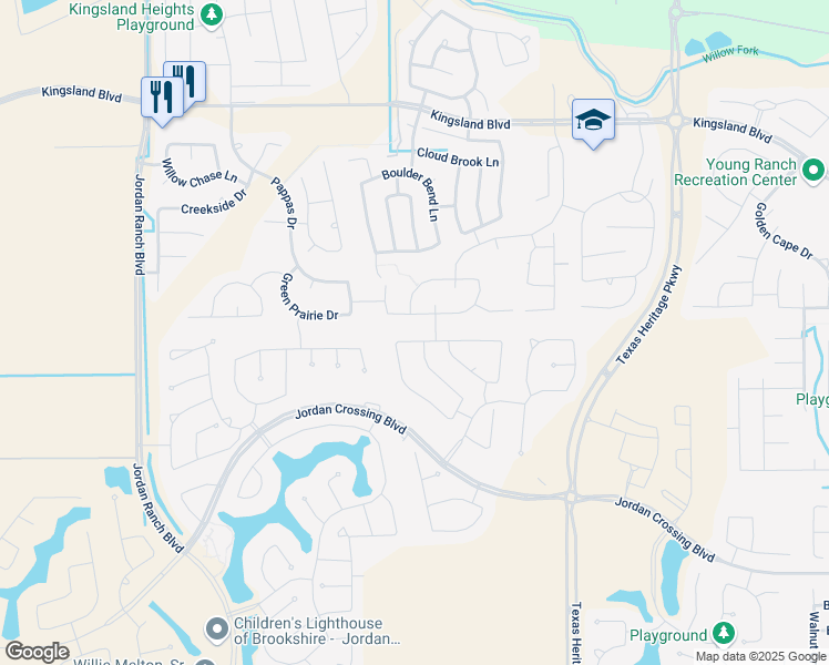 map of restaurants, bars, coffee shops, grocery stores, and more near 2115 Almond Creek Lane in Brookshire