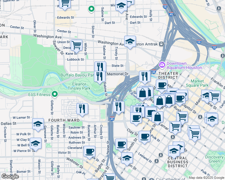 map of restaurants, bars, coffee shops, grocery stores, and more near Sabine Street in Houston