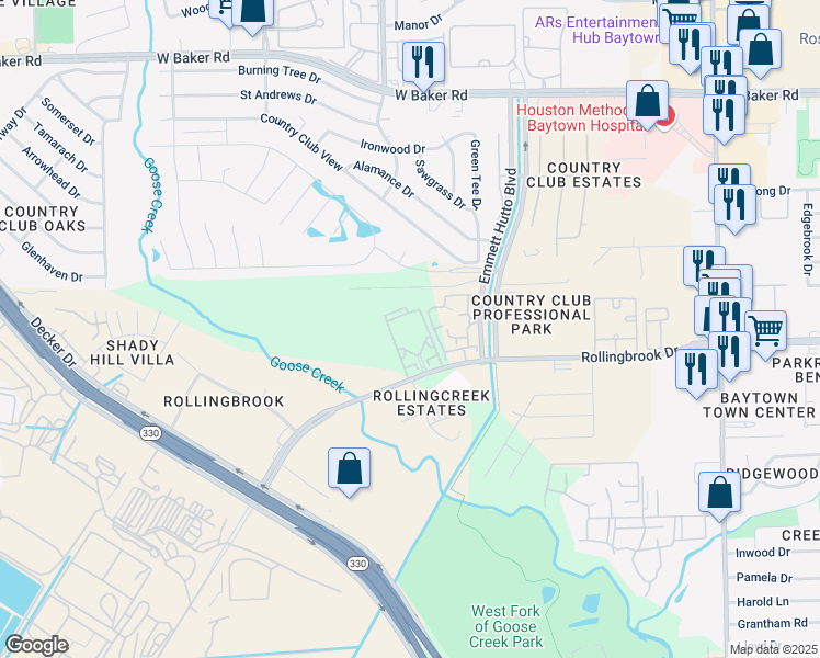 map of restaurants, bars, coffee shops, grocery stores, and more near 2700 Rollingbrook Drive in Baytown