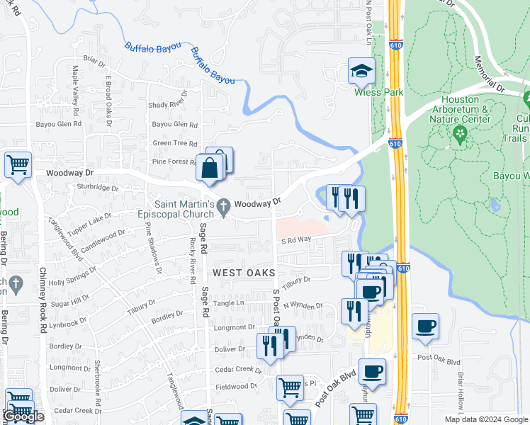map of restaurants, bars, coffee shops, grocery stores, and more near 717 Sage Road in Houston