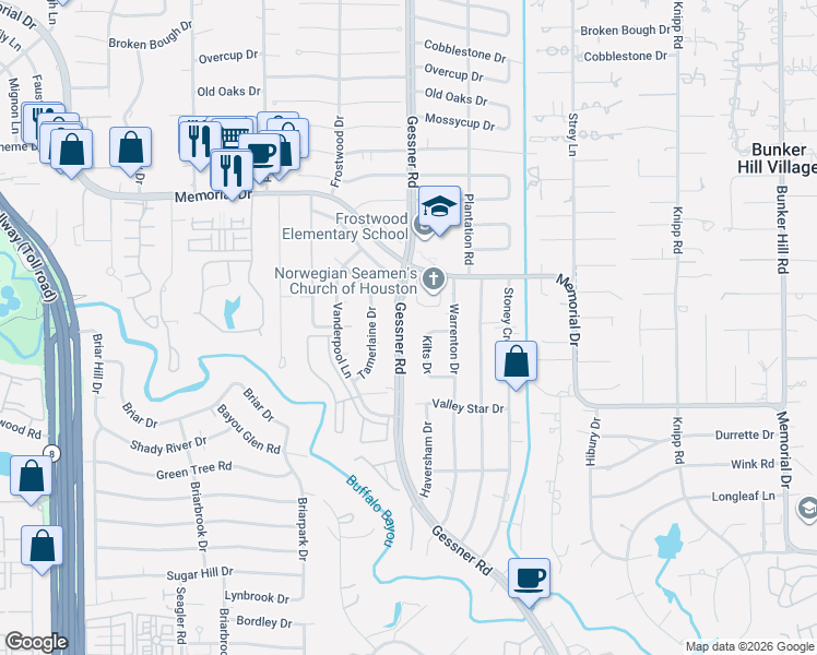 map of restaurants, bars, coffee shops, grocery stores, and more near 233 Kilts Drive in Houston