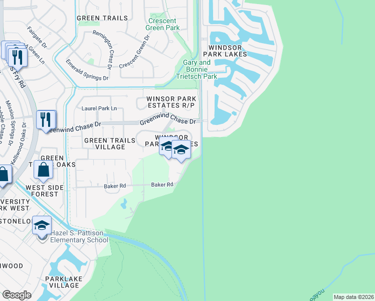 map of restaurants, bars, coffee shops, grocery stores, and more near 19207 Kessington Lane in Houston