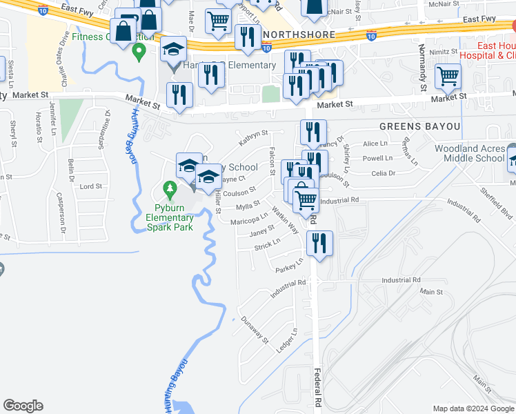 map of restaurants, bars, coffee shops, grocery stores, and more near 12434 Mylla Street in Houston