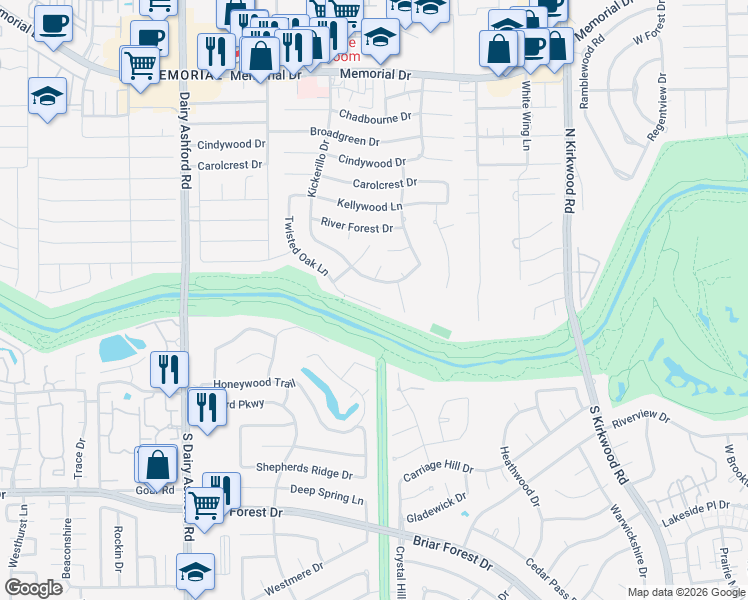 map of restaurants, bars, coffee shops, grocery stores, and more near 14314 Twisted Oak Lane in Houston