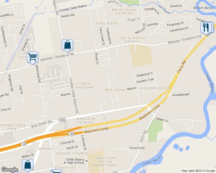 map of restaurants, bars, coffee shops, grocery stores, and more near 3419 Red Cedar Drive in Baytown