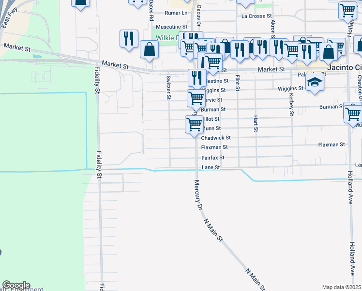 map of restaurants, bars, coffee shops, grocery stores, and more near 10221 Flaxman Street in Jacinto City