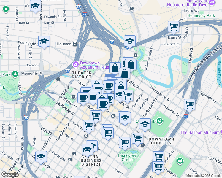 map of restaurants, bars, coffee shops, grocery stores, and more near 409 Travis Street in Houston