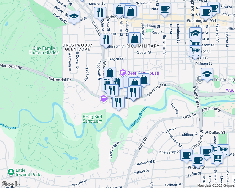 map of restaurants, bars, coffee shops, grocery stores, and more near 5710 Memorial Drive in Houston