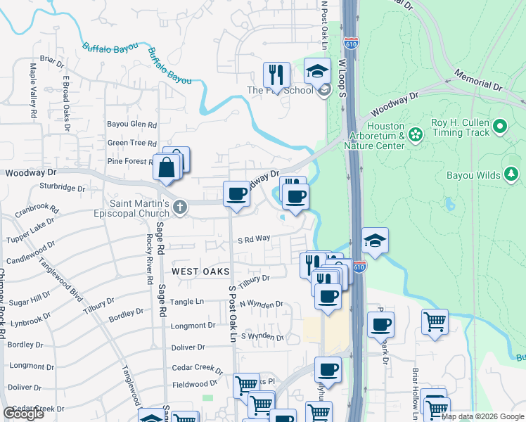 map of restaurants, bars, coffee shops, grocery stores, and more near 7 Riverway in Houston
