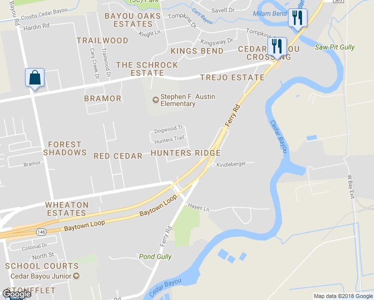 map of restaurants, bars, coffee shops, grocery stores, and more near 3918 Water Canyon Road in Baytown