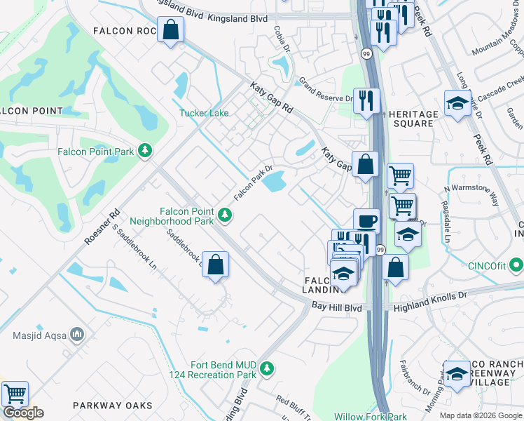 map of restaurants, bars, coffee shops, grocery stores, and more near 23830 Indian Hills Way in Katy