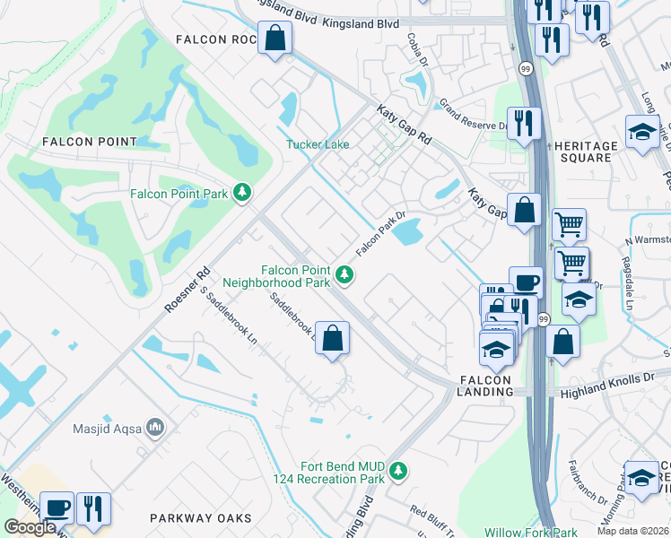 map of restaurants, bars, coffee shops, grocery stores, and more near 1523 Elden Hills Way in Katy