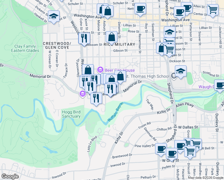 map of restaurants, bars, coffee shops, grocery stores, and more near 5440 Memorial Drive in Houston