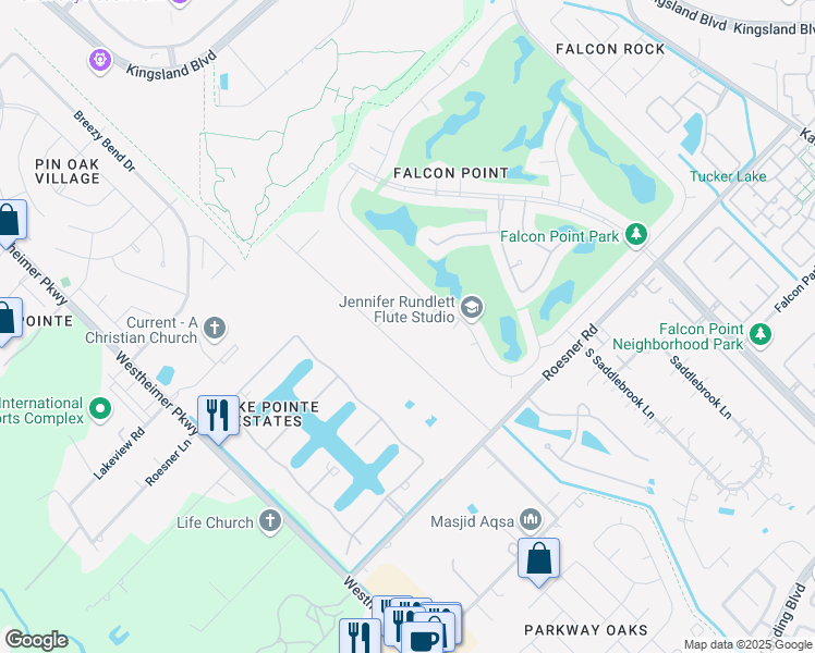 map of restaurants, bars, coffee shops, grocery stores, and more near 2115 Saddlehorn Trail in Katy