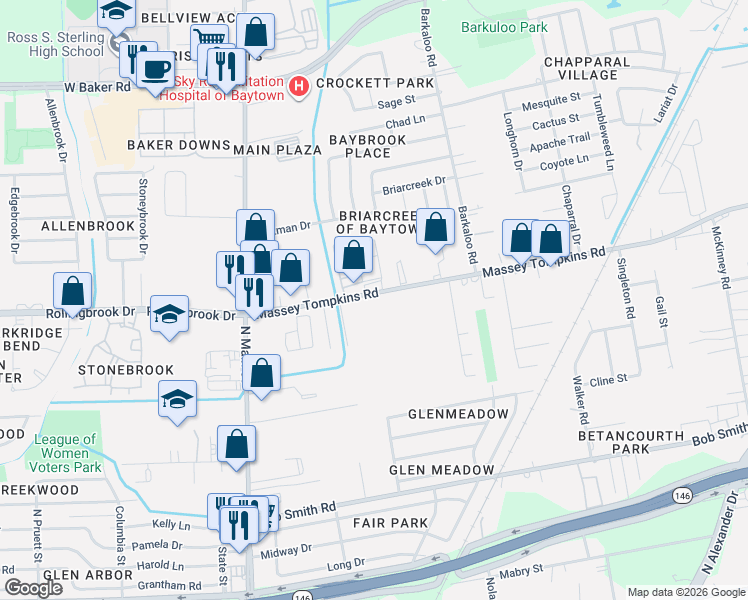 map of restaurants, bars, coffee shops, grocery stores, and more near 506 Massey Tompkins Road in Baytown