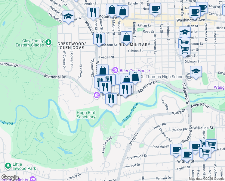 map of restaurants, bars, coffee shops, grocery stores, and more near 5710 Memorial Drive in Houston