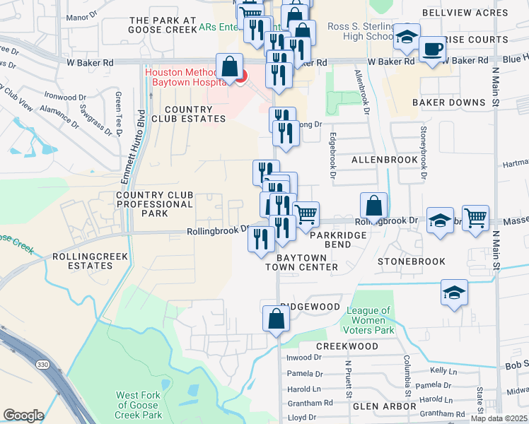 map of restaurants, bars, coffee shops, grocery stores, and more near 1300 Rollingbrook Drive in Baytown