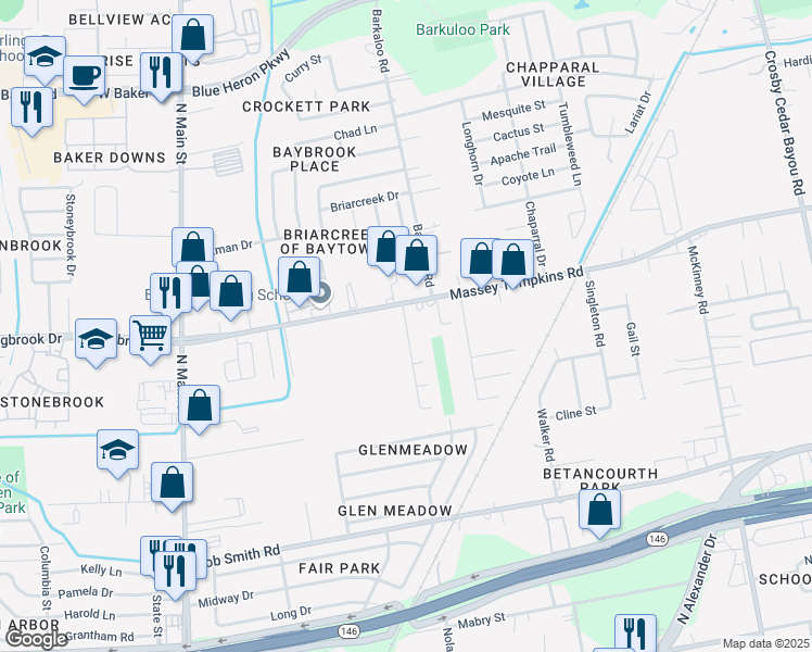 map of restaurants, bars, coffee shops, grocery stores, and more near 3643 Apache Meadows Drive in Baytown