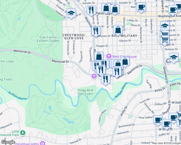 map of restaurants, bars, coffee shops, grocery stores, and more near 6012 Memorial Drive in Houston