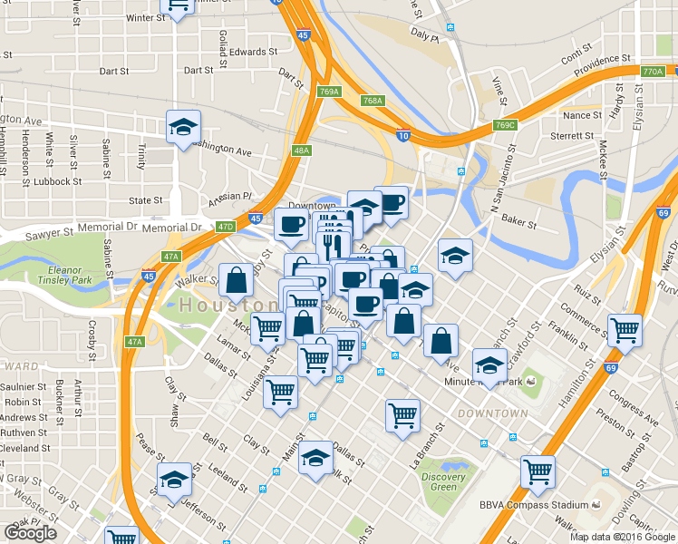 map of restaurants, bars, coffee shops, grocery stores, and more near 509 Louisiana St in Houston