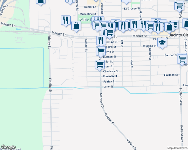 map of restaurants, bars, coffee shops, grocery stores, and more near 10221 Flaxman Street in Houston