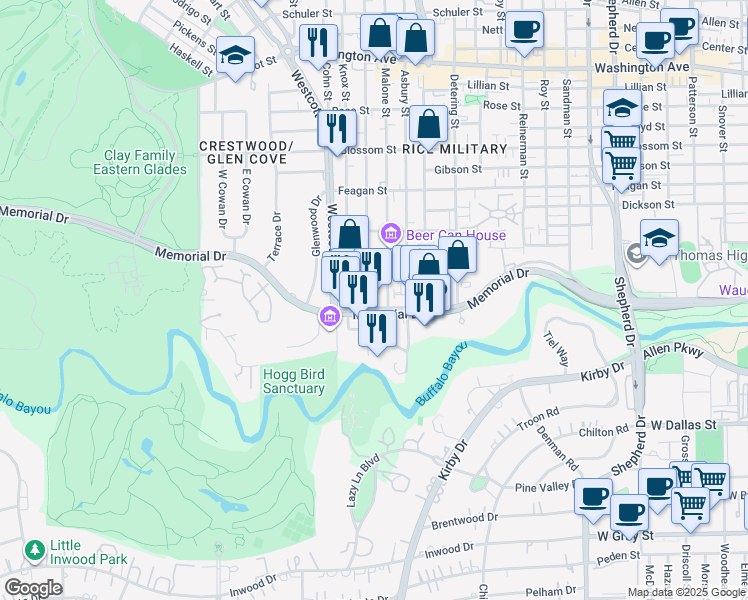 map of restaurants, bars, coffee shops, grocery stores, and more near 5710 Memorial Drive in Houston