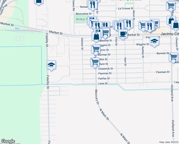 map of restaurants, bars, coffee shops, grocery stores, and more near 10221 Flaxman Street in Houston