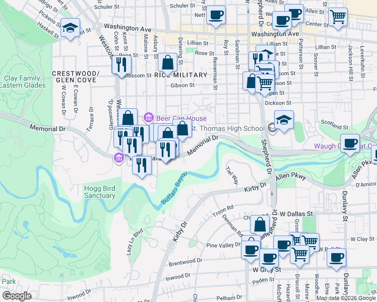 map of restaurants, bars, coffee shops, grocery stores, and more near 5271 Memorial Drive in Houston