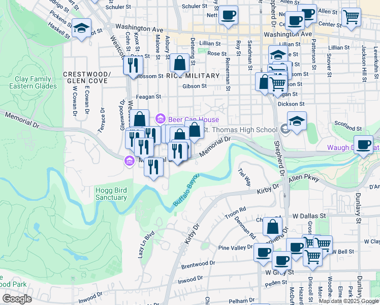 map of restaurants, bars, coffee shops, grocery stores, and more near 5400 Memorial Parkway in Houston