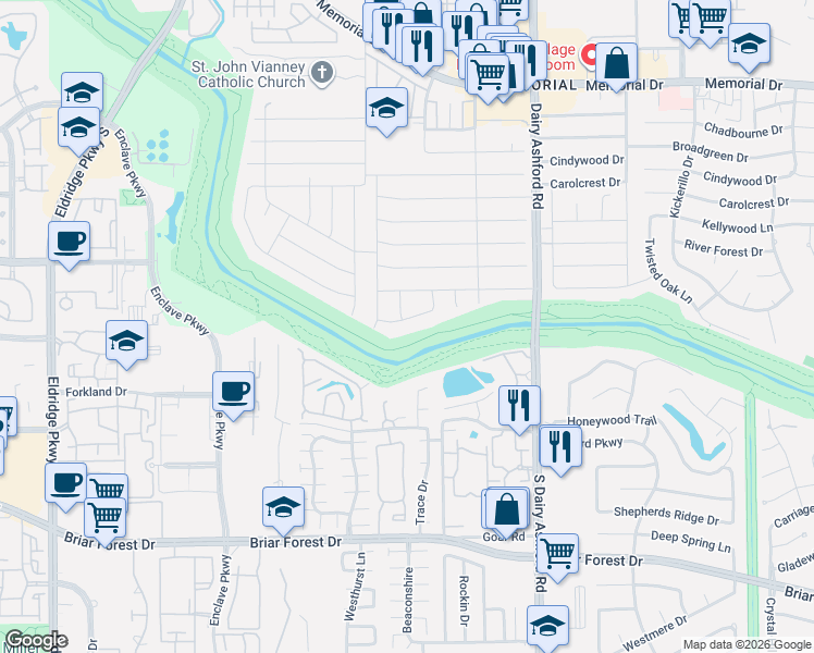 map of restaurants, bars, coffee shops, grocery stores, and more near 14739 Quail Grove Lane in Houston