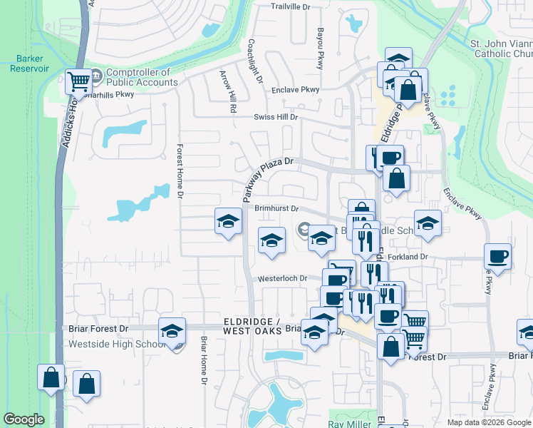 map of restaurants, bars, coffee shops, grocery stores, and more near 1422 Baldwin Square Drive in Houston