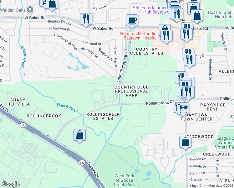 map of restaurants, bars, coffee shops, grocery stores, and more near 3718 Emmet Hutto Boulevard in Baytown