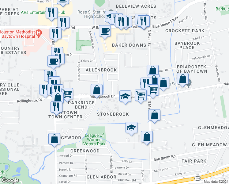 map of restaurants, bars, coffee shops, grocery stores, and more near 620 Rollingbrook Drive in Baytown