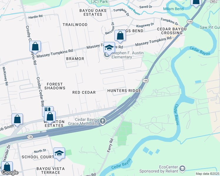 map of restaurants, bars, coffee shops, grocery stores, and more near 3807 Water Canyon Road in Baytown