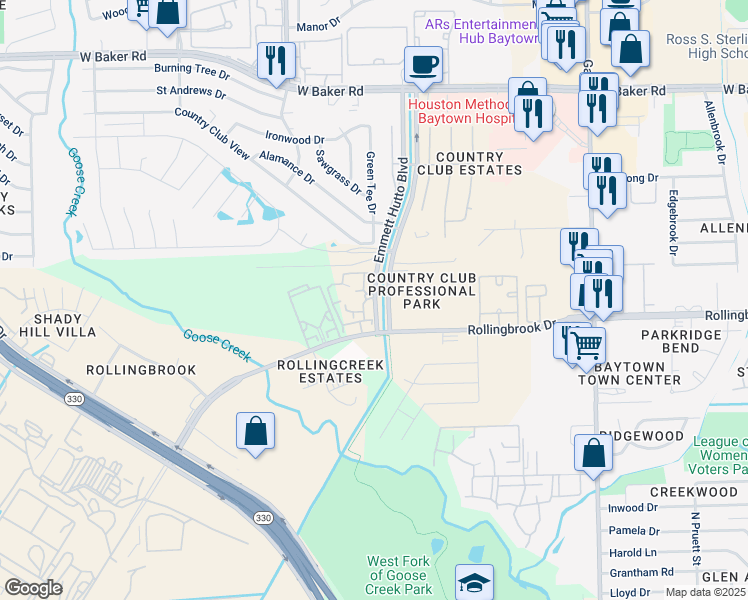 map of restaurants, bars, coffee shops, grocery stores, and more near 3722 Emmet Hutto Boulevard in Baytown