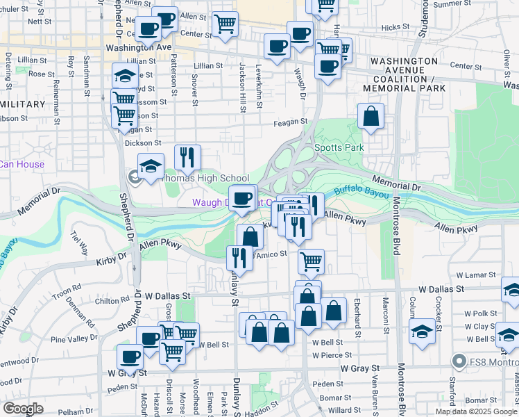 map of restaurants, bars, coffee shops, grocery stores, and more near Jackson Hill Bridge in Houston