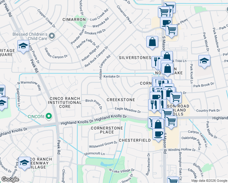 map of restaurants, bars, coffee shops, grocery stores, and more near 1323 Three Forks Drive in Katy