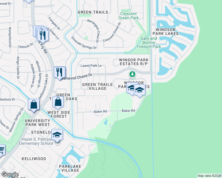 map of restaurants, bars, coffee shops, grocery stores, and more near 19407 Kessington Lane in Houston