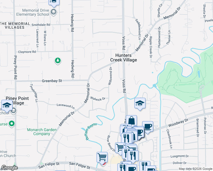 map of restaurants, bars, coffee shops, grocery stores, and more near 35 Willowend Drive in Houston