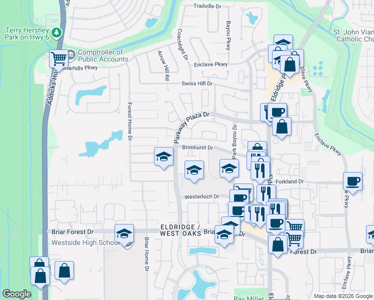 map of restaurants, bars, coffee shops, grocery stores, and more near 1422 Baldwin Square Drive in Houston